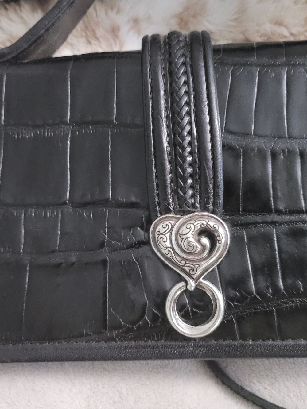 Black Croc-Effect Leather Shoulder Bag with Heart Hardware